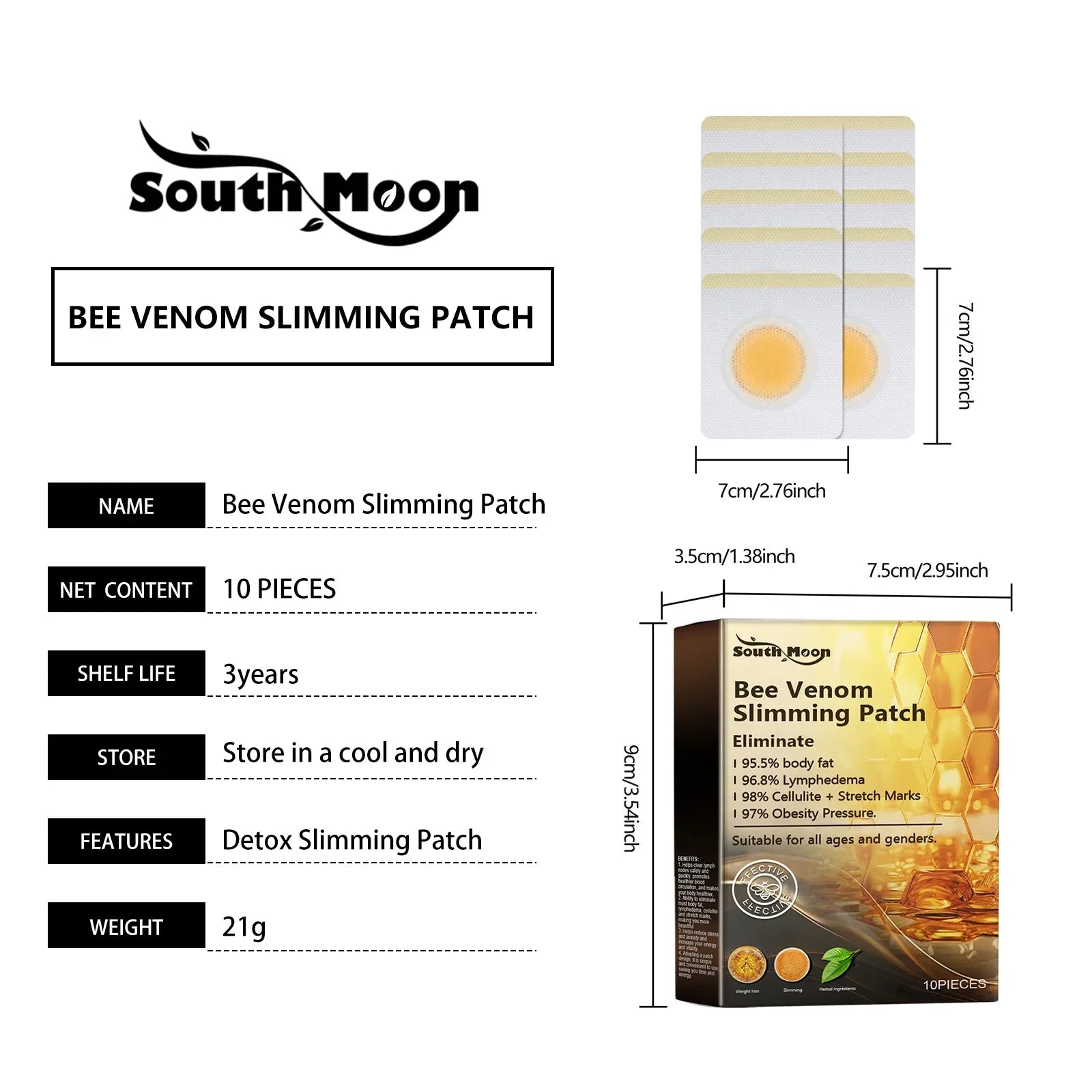 South Moon 10pcs Bee Venom Body Shaping Patch Belly Slimming Weight Loss Detox AbdominalRelieve Stress Muscle Tighten Patches