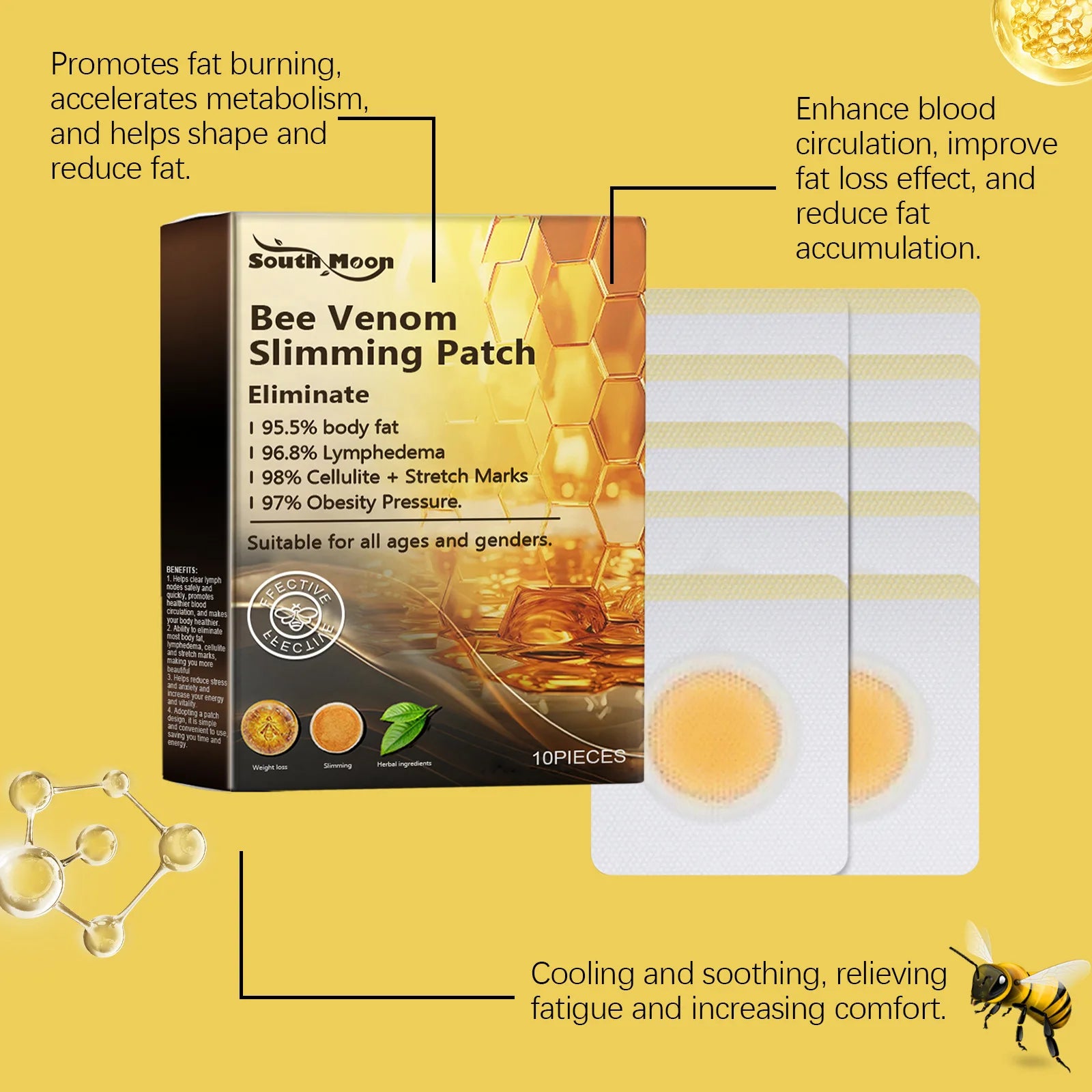 South Moon 10pcs Bee Venom Body Shaping Patch Belly Slimming Weight Loss Detox AbdominalRelieve Stress Muscle Tighten Patches